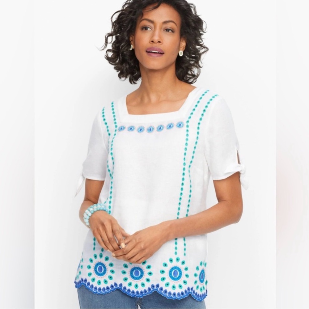Talbots 55% Linen Embroidered Square Neck Top - Size M - Picture 12 of 12